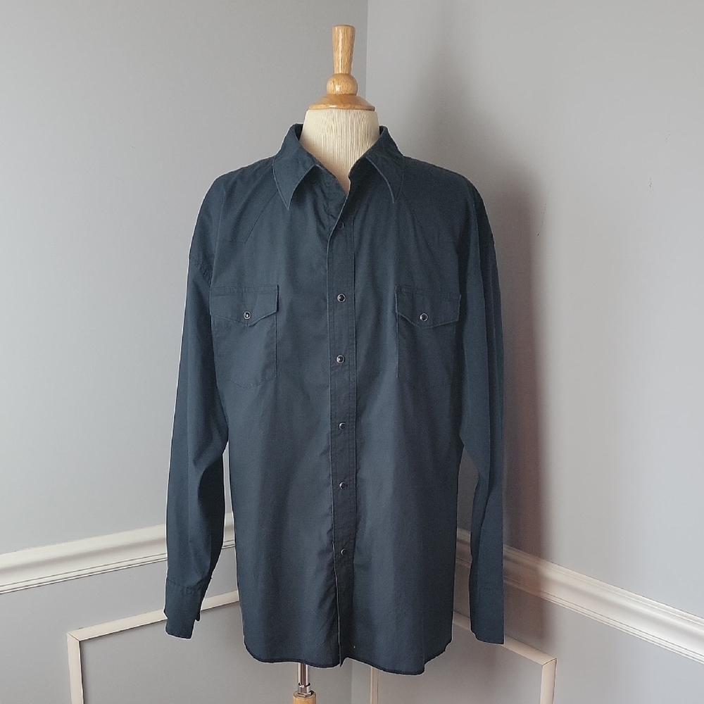 WRANGLER Black Western‎ Front Back Yoke Black Snap Down Casual Long Sleeve Shirt
